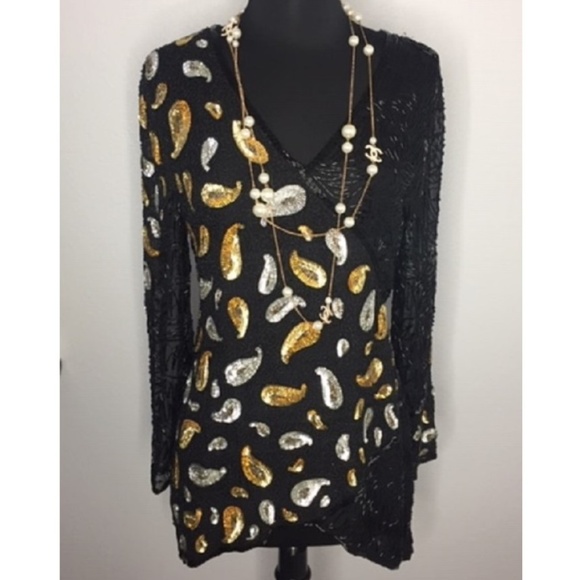 VINTAGE Sequin & Beaded Silk High-Low Long Top - Picture 4 of 8